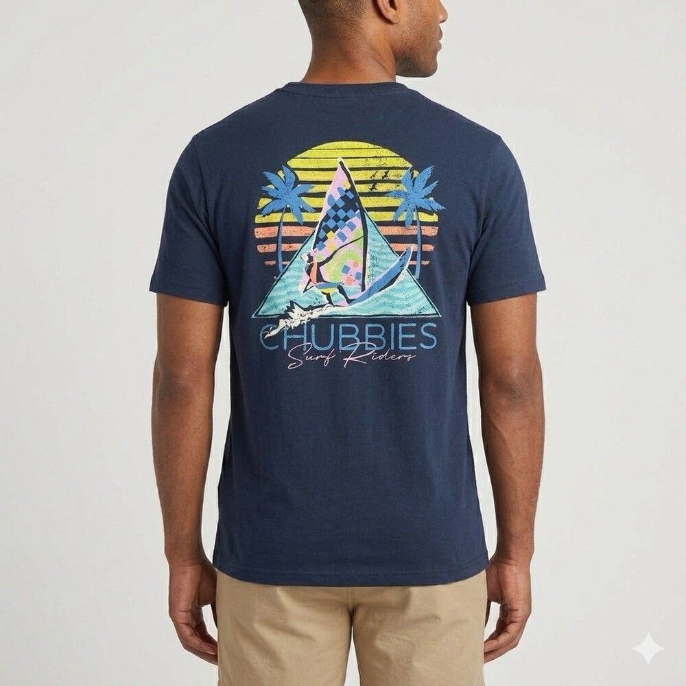 Chubbies Men's M Surf Riders Windsurfer Graphic Pocket T-Shirt Navy Blue Retro